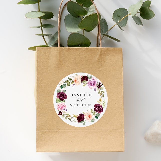 Rustic Pink Burgundy and Purple Floral Wedding Classic Round Sticker (Creator Uploaded)