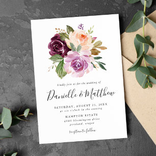 Rustic Pink Burgundy and Purple Floral Wedding Invitation
