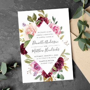 Rustic Pink Burgundy and Purple Floral Wedding Invitation