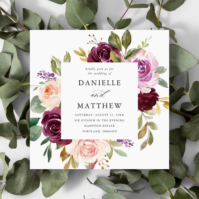 Rustic Pink Burgundy and Purple Floral Wedding Invitation (Creator Uploaded)