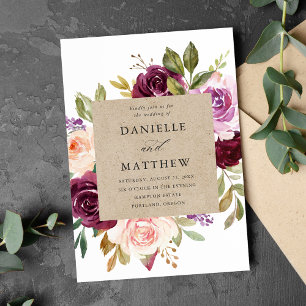 Rustic Pink Burgundy and Purple Floral Wedding Invitation