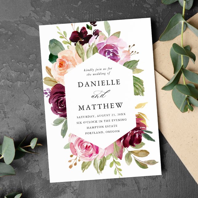 Rustic Pink Burgundy and Purple Floral Wedding Invitation (Creator Uploaded)