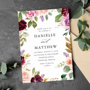 Rustic Pink Burgundy and Purple Floral Wedding Invitation