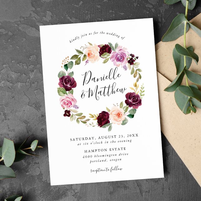 Rustic Pink Burgundy and Purple Floral Wedding Invitation (Creator Uploaded)