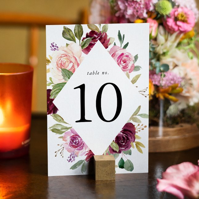 Rustic Pink Burgundy and Purple Floral Wedding Table Number (Creator Uploaded)