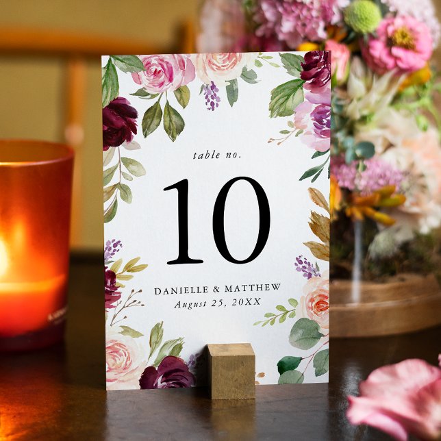  Rustic Pink Burgundy and Purple Floral Wedding Table Number (Creator Uploaded)