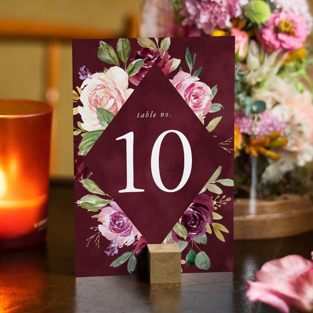 Rustic Pink Burgundy and Purple Floral Wedding Table Number (Creator Uploaded)