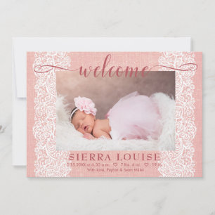 Rustic Pink Burlap & Lace Baby Girl Photo Birth Announcement