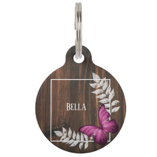 Rustic Pink Butterfly Round Pet Tag