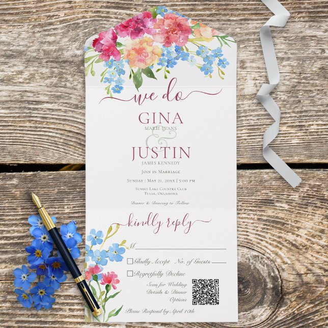 Rustic Pink Carnations & Forget Me Nots QR Code All In One Invitation (Creator Uploaded)