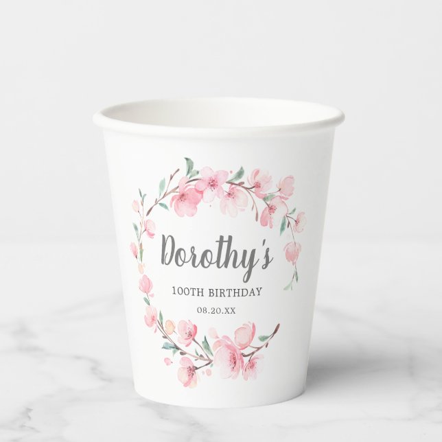 Rustic Pink Cherry Blossom Floral Paper Cups (Front)
