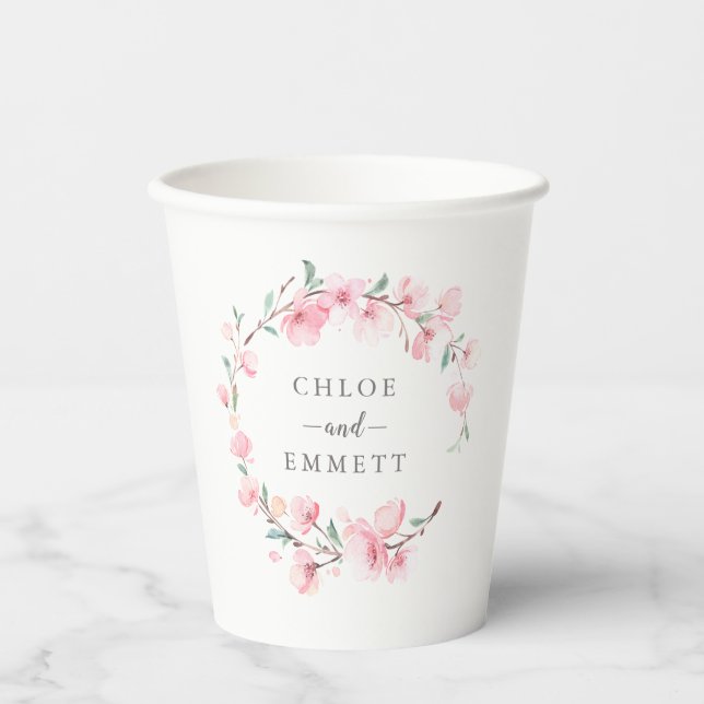 Rustic Pink Cherry Blossom Floral Paper Cups (Front)