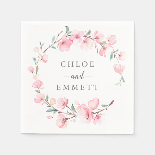 Rustic Pink Cherry Blossom Floral Wreath Napkin (Front)