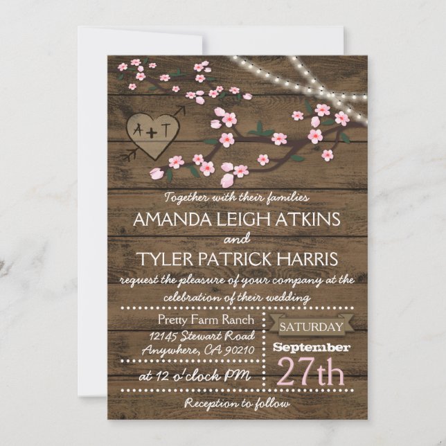 Rustic Pink Cherry Blossom Wedding Invitations (Front)