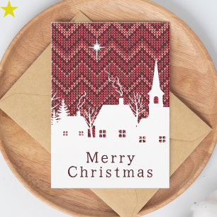 Rustic Pink Chevron Knit Christmas Village Card