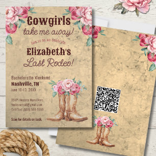 Rustic Pink Cowgirl Bachelorette Party w/ QR Code Invitation
