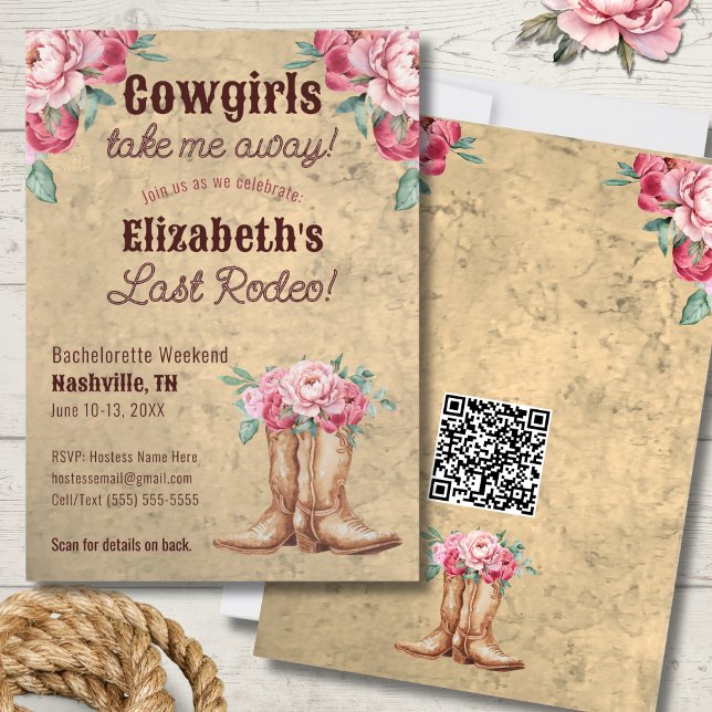 Rustic Pink Cowgirl Bachelorette Party w/ QR Code Invitation (Creator Uploaded)
