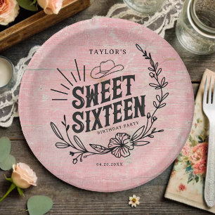 Rustic Pink Cowgirl Floral Sweet Sixteen Birthday  Paper Plate
