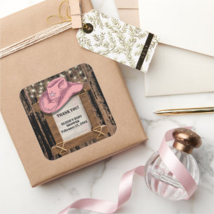 Rustic Pink Cowgirl Hat Baby Shower  Square Sticker