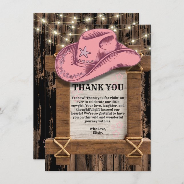 Rustic Pink Cowgirl Hat Baby Shower  Thank You Card (Front/Back)