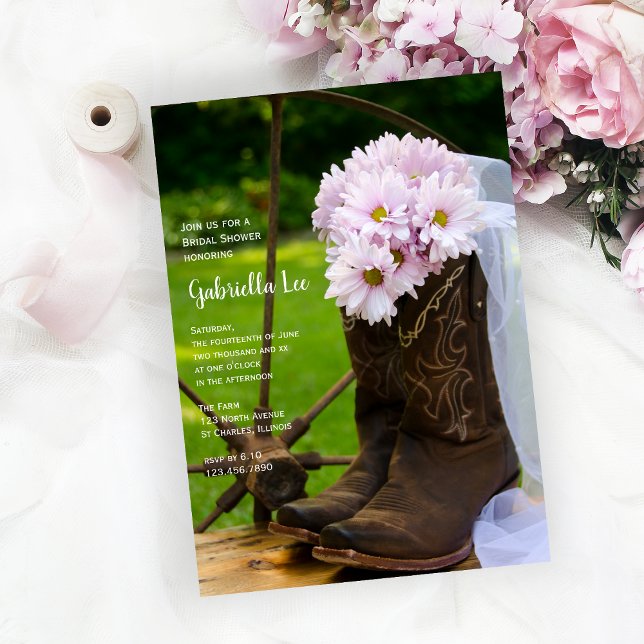 Rustic Pink Daisies Cowboy Boots Bridal Shower Invitation (Creator Uploaded)