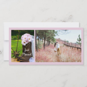 Rustic Pink Daisies Cowboy Boots Just Married Announcement