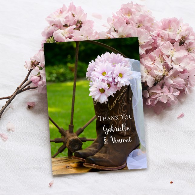 Rustic Pink Daisies Cowboy Boots Wedding Thank You Card (Creator Uploaded)