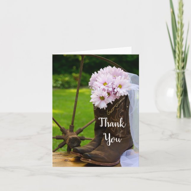 Rustic Pink Daisies Cowboy Boots Wedding Thank You Card (Front)