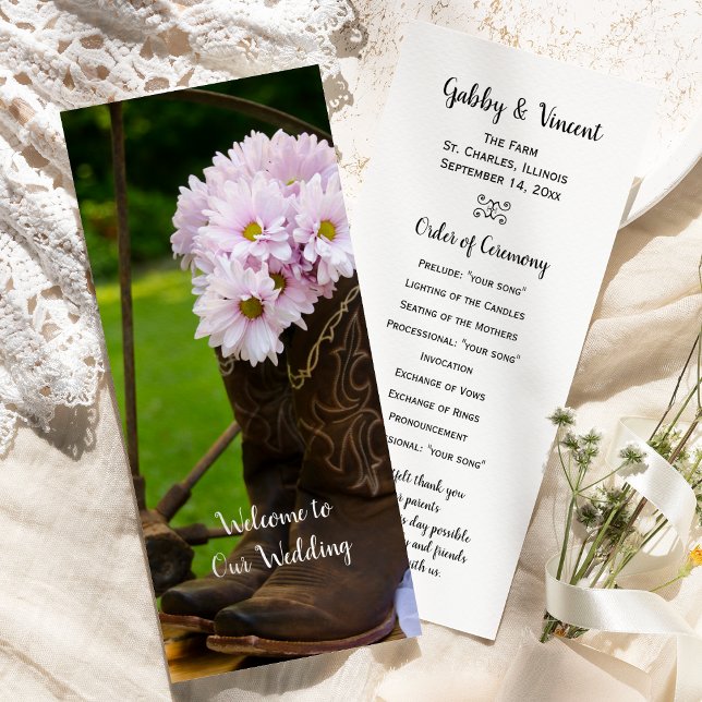 Rustic Pink Daisies Cowboy Boots Western Wedding Program (Creator Uploaded)