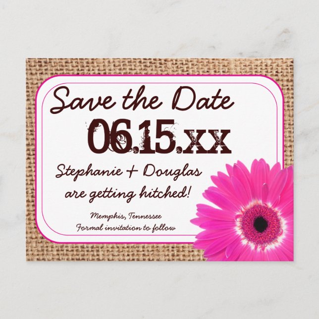 Rustic Pink Daisy Burlap Save The Date Postcards (Front)