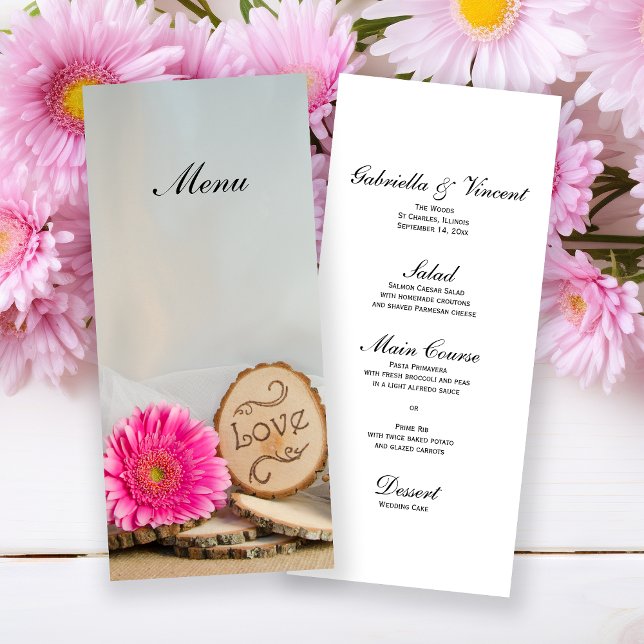 Rustic Pink Daisy Natural Woods Wedding Menu (Creator Uploaded)