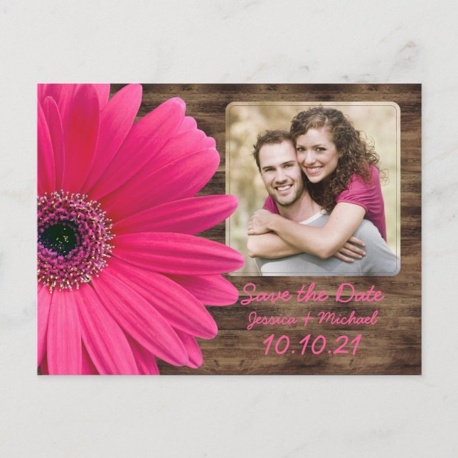 Rustic Pink Daisy Wood Photo Wedding Save the Date Announcement Postcard (Front)