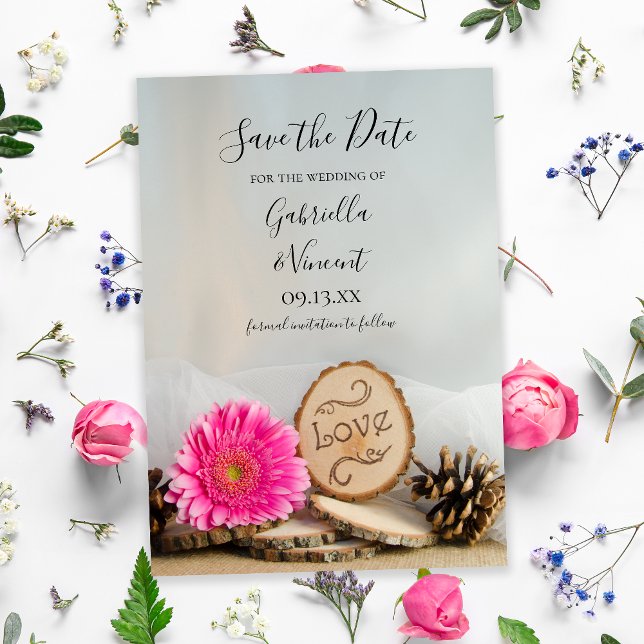 Rustic Pink Daisy Woodland Wedding Save the Date Invitation (Creator Uploaded)
