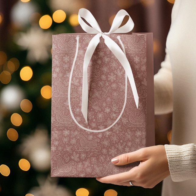 Rustic Pink Doodle Christmas Sleigh Pattern Medium Gift Bag (Creator Uploaded)
