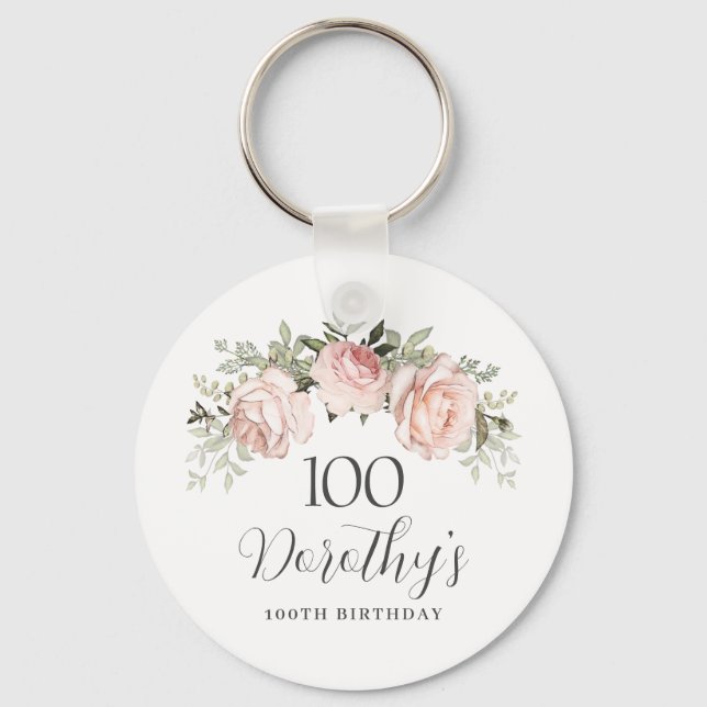 Rustic Pink Floral 100th Birthday Party Custom Key Ring (Front)