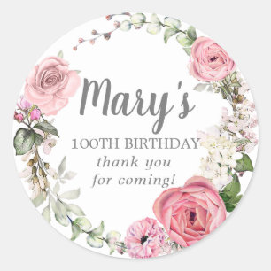 Rustic Pink Floral 100th Birthday Thank You Classic Round Sticker