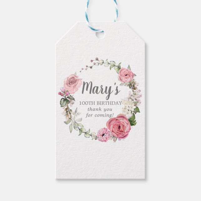 Rustic Pink Floral 100th Birthday Thank You Gift Tags (Front)