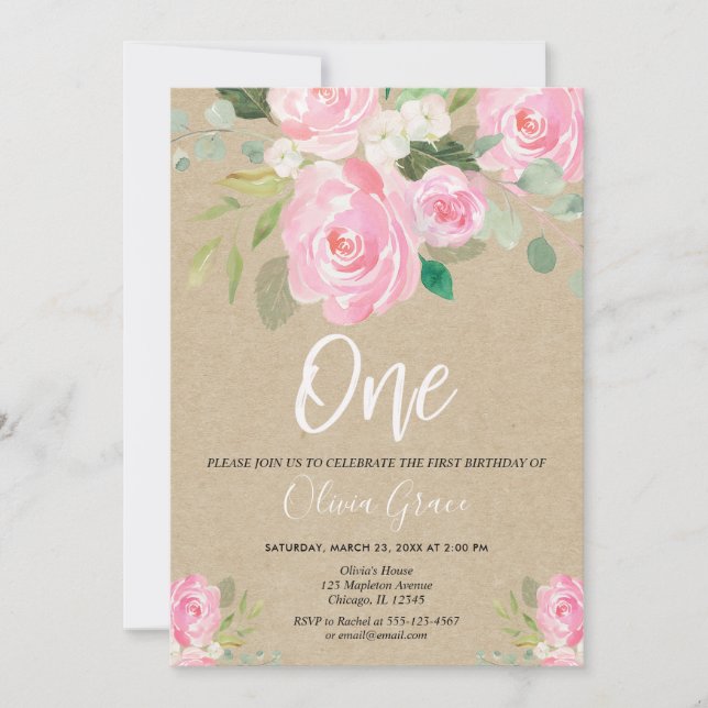 Rustic pink floral 1st birthday girl birthday invitation (Front)