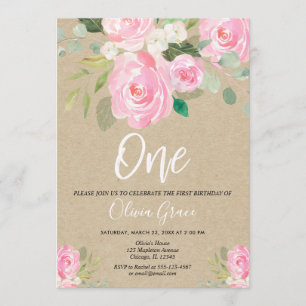 Rustic pink floral 1st birthday girl birthday invitation