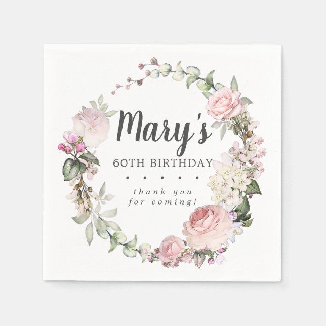 Rustic Pink Floral 60th Birthday Party Napkin (Front)