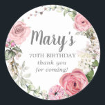 Rustic Pink Floral 70th Birthday Thank You Classic Round Sticker<br><div class="desc">Soft blush pink roses and peonies, along with bright pink buds create a beautifully rustic floral wreath. White hydrangeas at to the floral bloom. The birthday woman's name is written in a large script font. 70th Birthday and the thank you sentiment follow. This birthday sticker is part of the 70th...</div>
