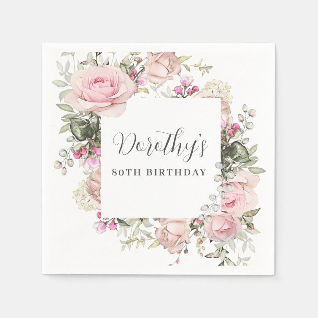 Rustic Pink Floral 80th Birthday Party Custom Napkin (Front)