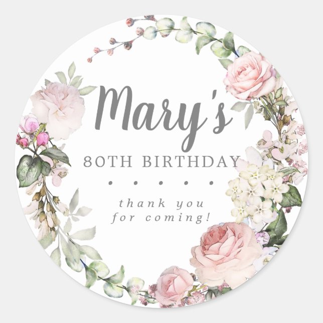 Rustic Pink Floral 80th Birthday Thank You Classic Round Sticker (Front)