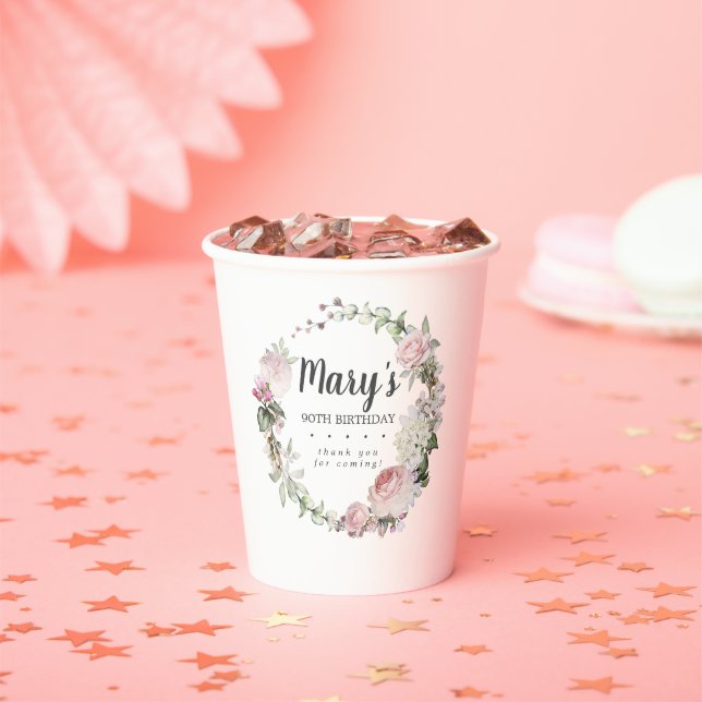 Rustic Pink Floral 90th Birthday Party Paper Cups (Insitu)