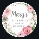 Rustic Pink Floral 90th Birthday Thank You Classic Classic Round Sticker<br><div class="desc">Soft blush pink roses and peonies, along with bright pink buds create a beautifully rustic floral wreath. White hydrangeas at to the floral bloom. The birthday woman's name is written in a large script font. 90th Birthday and the thank you sentiment follow. This birthday sticker is part of the 90th...</div>