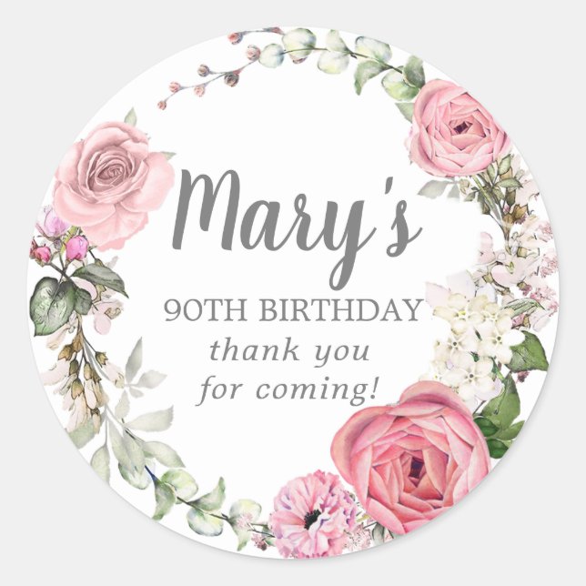 Rustic Pink Floral 90th Birthday Thank You Classic Round Sticker (Front)