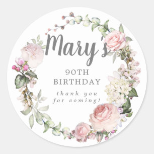 Rustic Pink Floral 90th Birthday Thank You Classic Round Sticker
