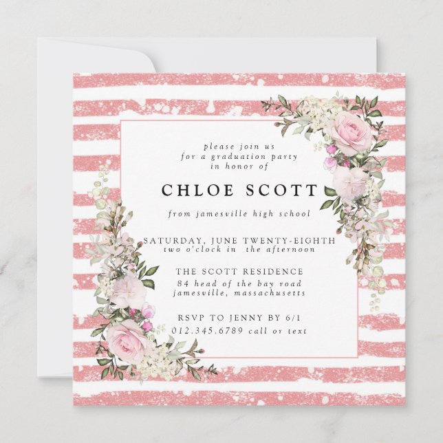 Rustic Pink Floral and Stripe Graduation Invitation (Front)