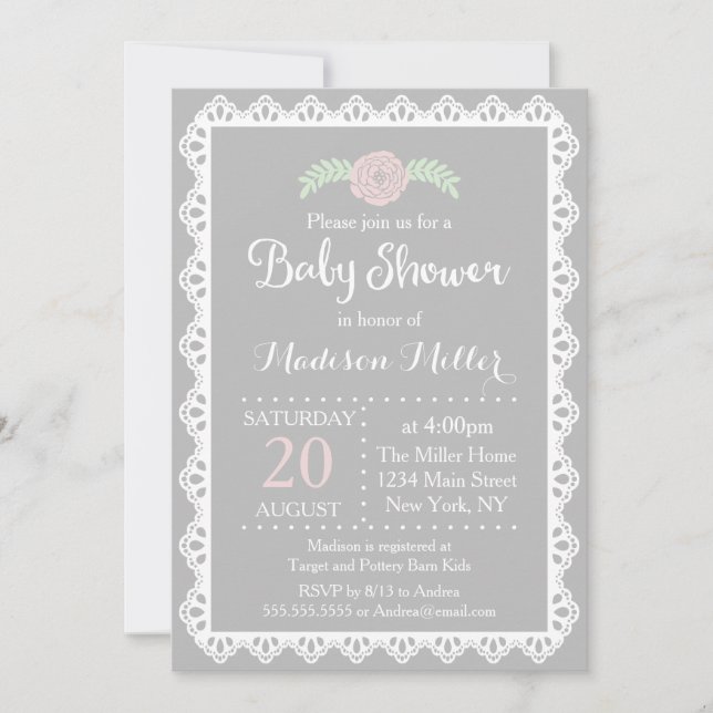Rustic Pink Floral and White Lace Baby Shower Invitation (Front)