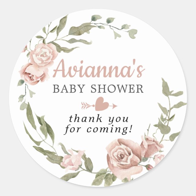 Rustic Pink Floral Baby Shower Thank You Classic R Classic Round Sticker (Front)